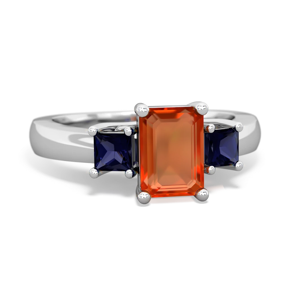 Fire Opal Three Stone Emerald-Cut Trellis 14K White Gold ring R4021