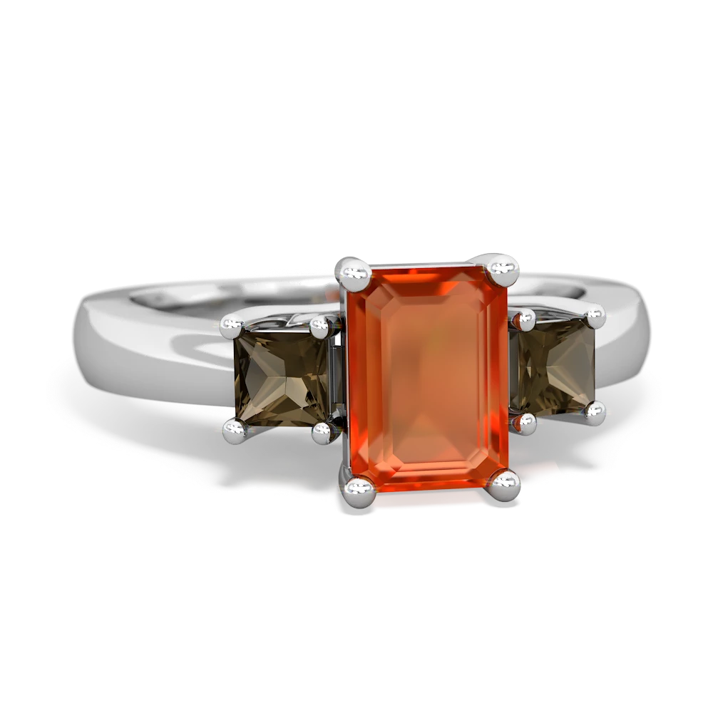 Fire Opal Three Stone Emerald-Cut Trellis 14K White Gold ring R4021