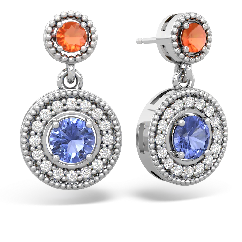 Fire Opal Halo Dangle 14K White Gold earrings E5319