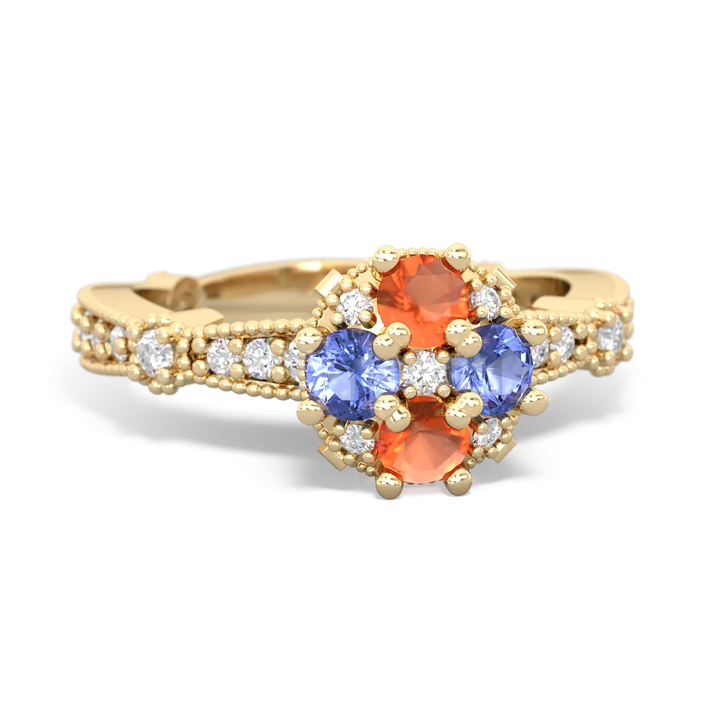 Fire Opal Sparkling Tiara Cluster 14K Yellow Gold ring R26293RD