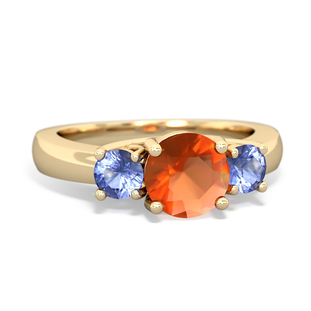 Fire Opal Three Stone Round Trellis 14K Yellow Gold ring R4018