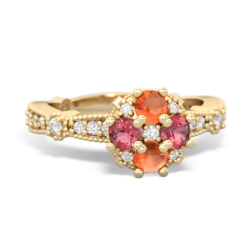 Fire Opal Sparkling Tiara Cluster 14K Yellow Gold ring R26293RD