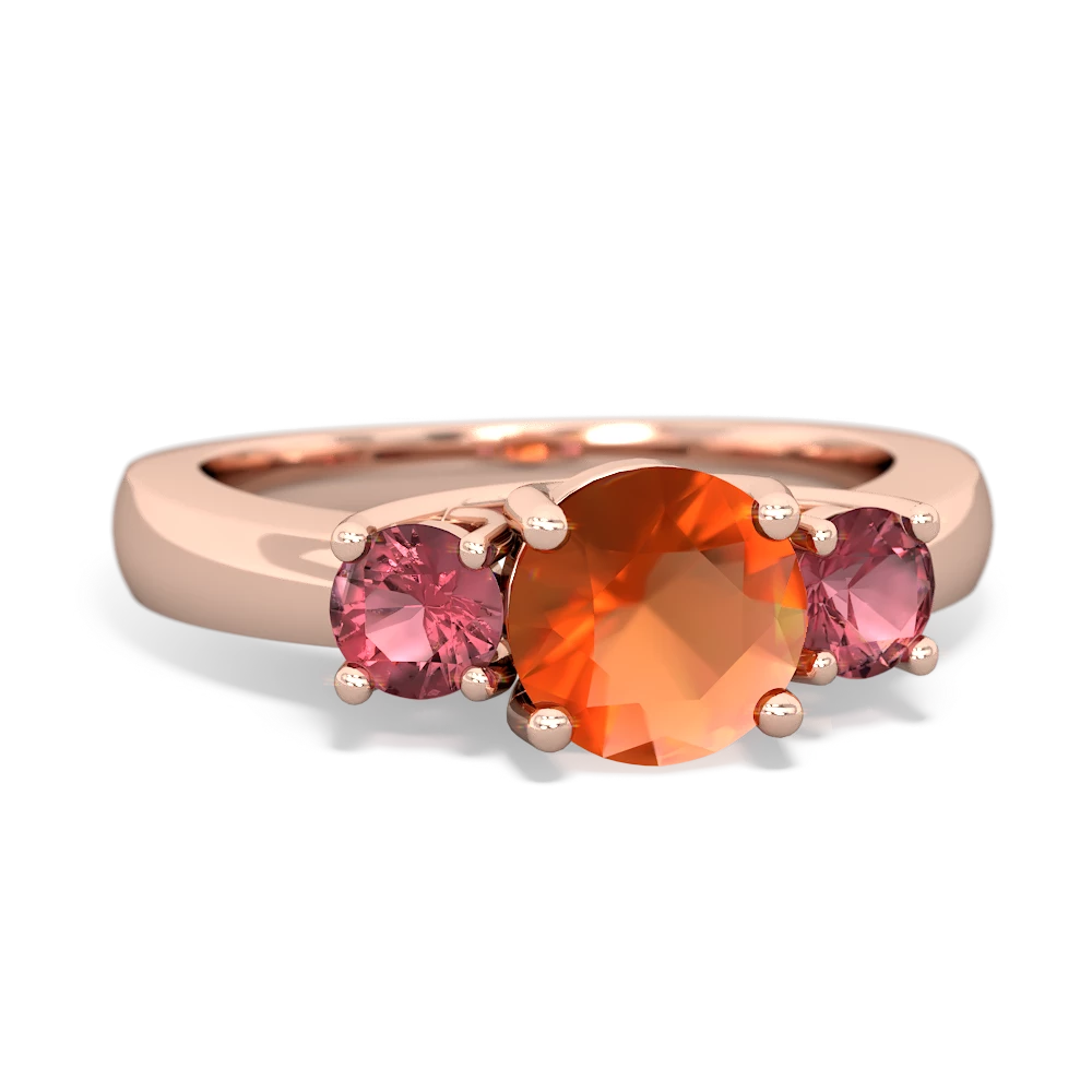 Fire Opal Three Stone Round Trellis 14K Rose Gold ring R4018