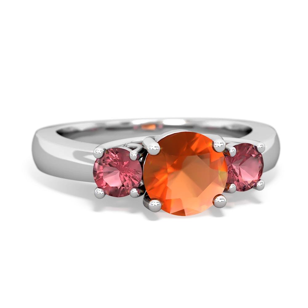 Fire Opal Three Stone Round Trellis 14K White Gold ring R4018