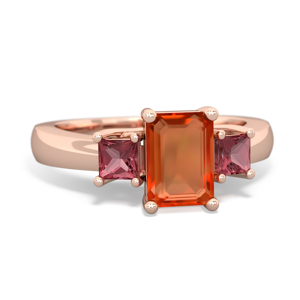 Fire Opal Three Stone Emerald-Cut Trellis 14K Rose Gold ring R4021