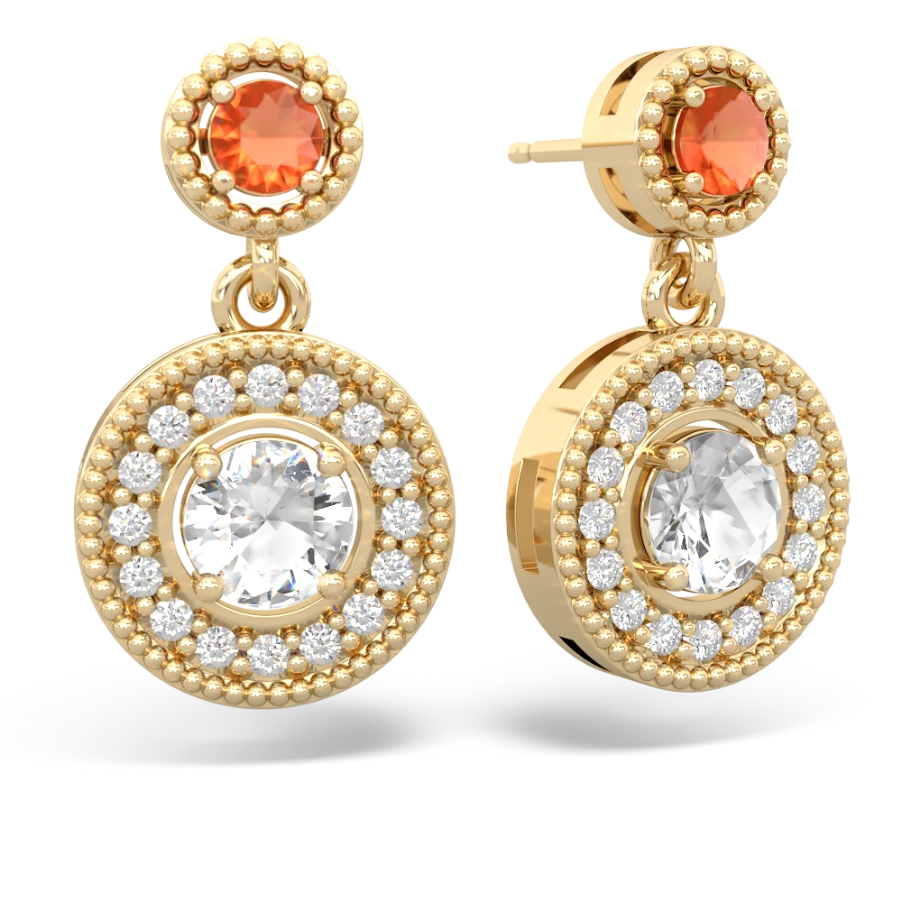 Fire Opal Halo Dangle 14K Yellow Gold earrings E5319