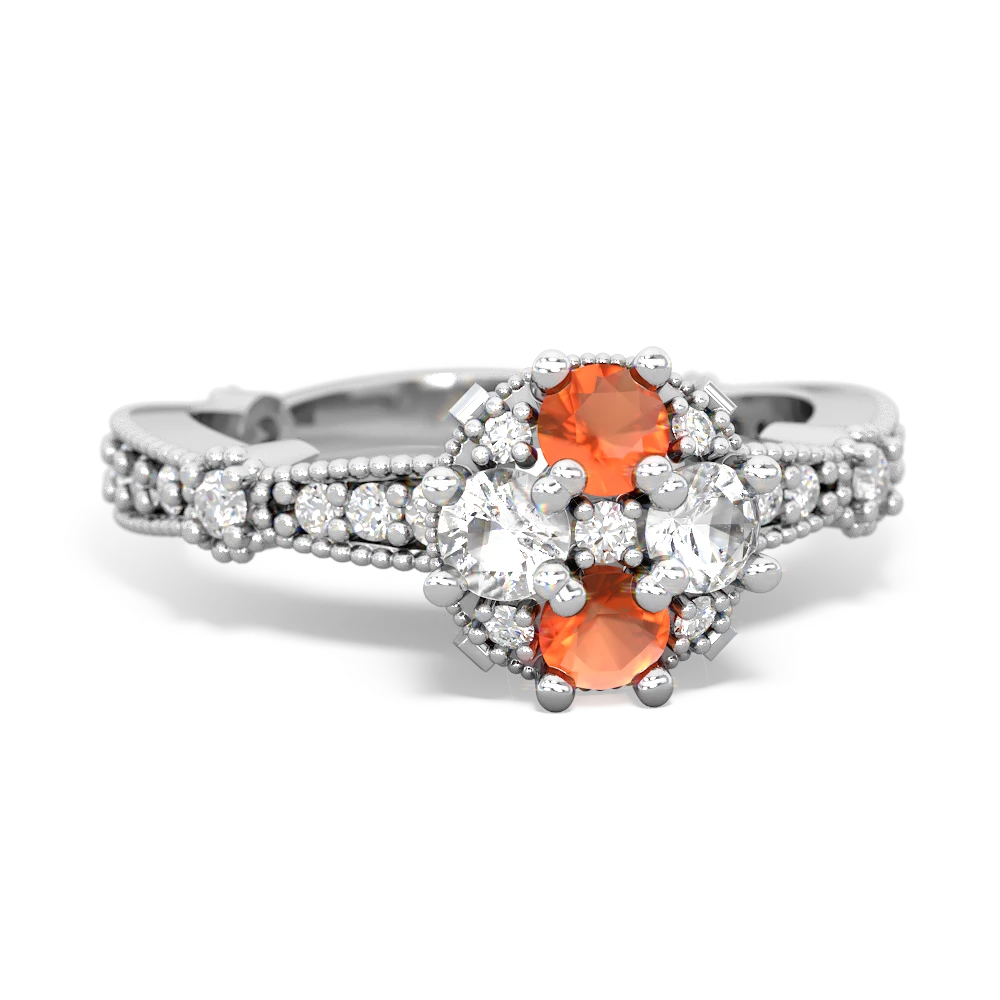 Fire Opal Sparkling Tiara Cluster 14K White Gold ring R26293RD