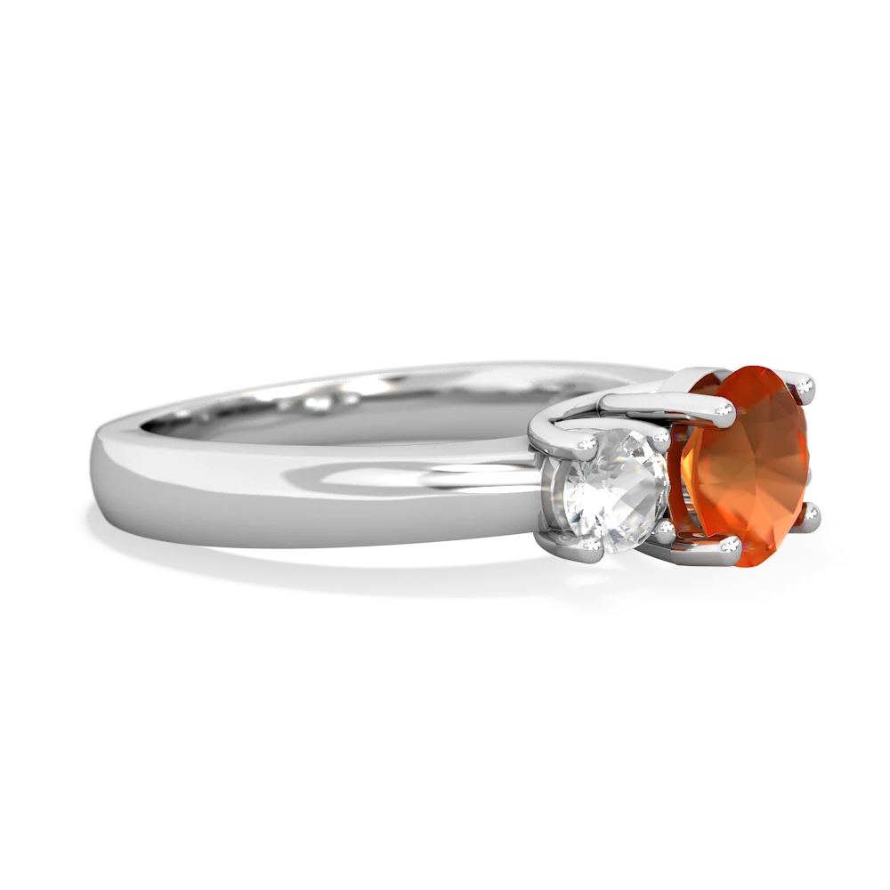 Fire Opal Three Stone Round Trellis 14K White Gold ring R4018