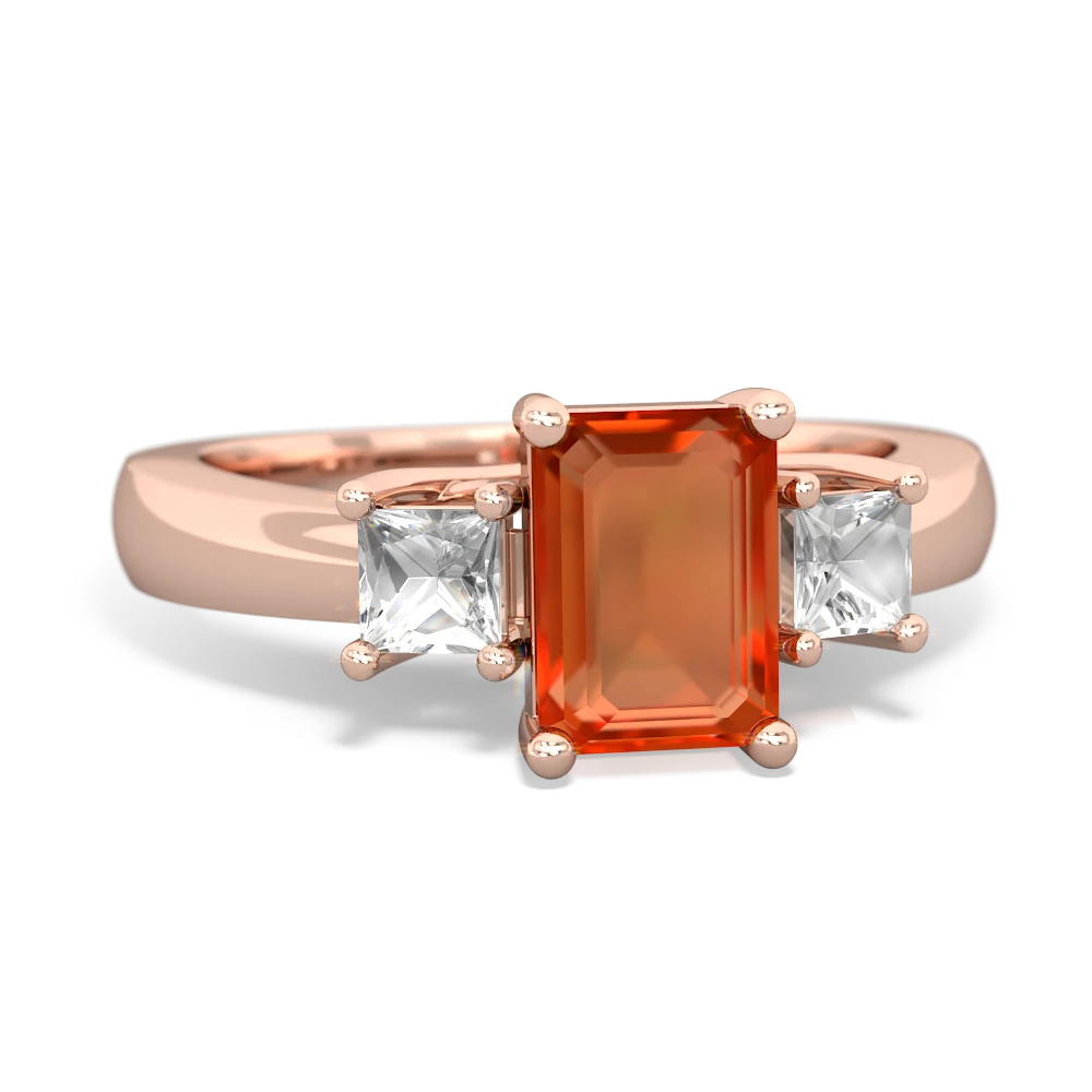 Fire Opal Three Stone Emerald-Cut Trellis 14K Rose Gold ring R4021