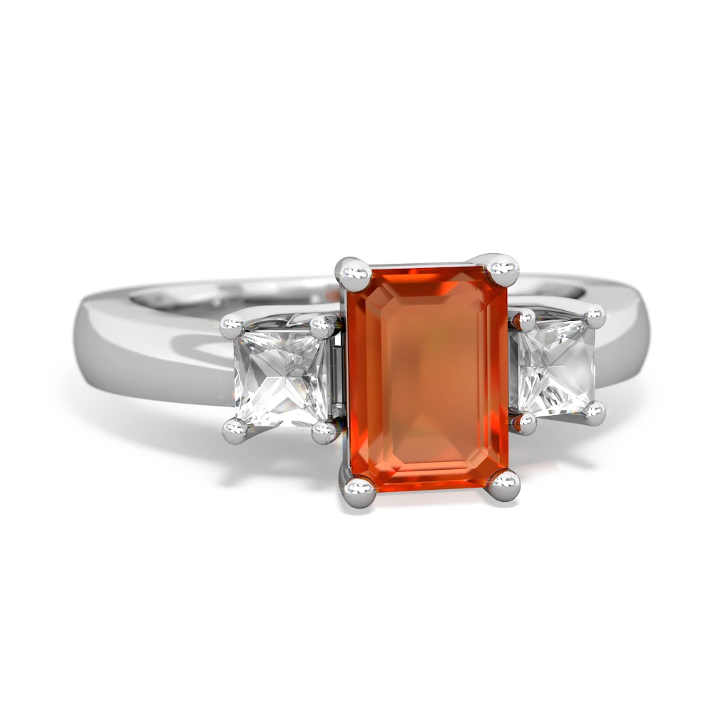 Fire Opal Three Stone Emerald-Cut Trellis 14K White Gold ring R4021