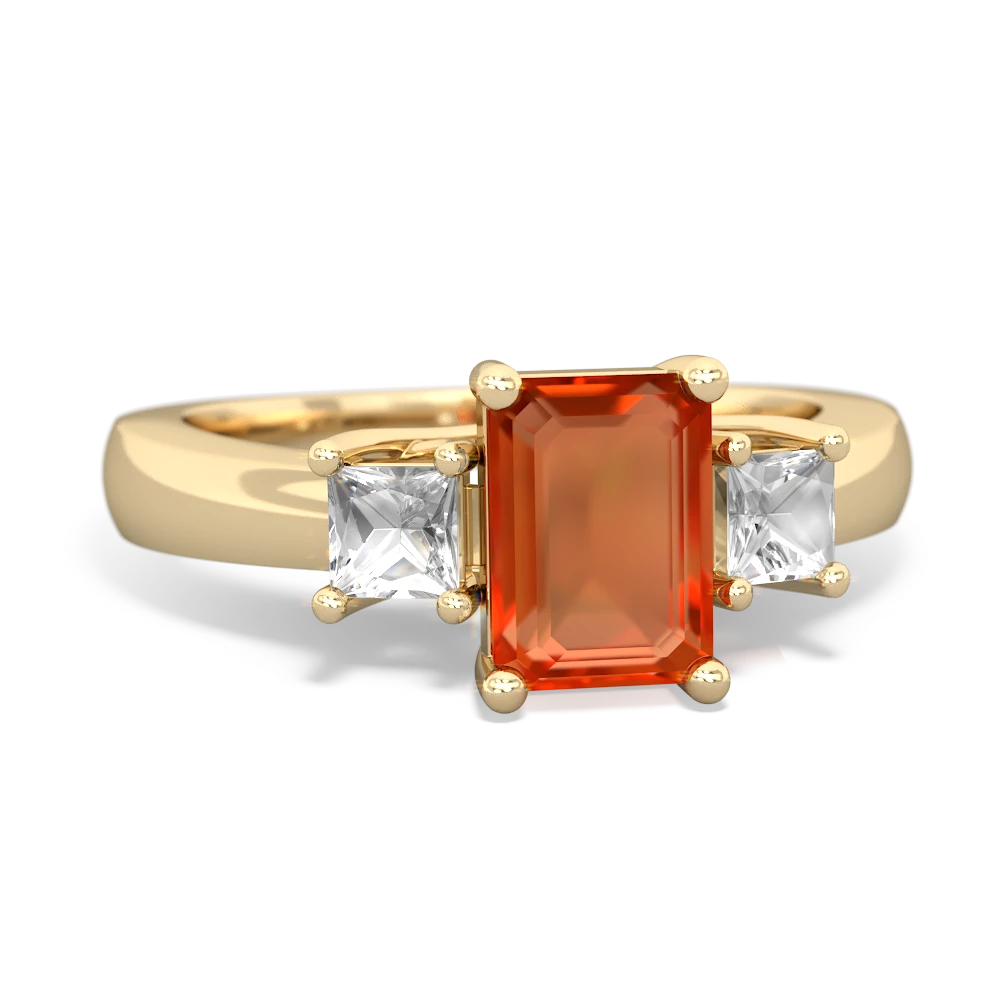 Fire Opal Three Stone Emerald-Cut Trellis 14K Yellow Gold ring R4021