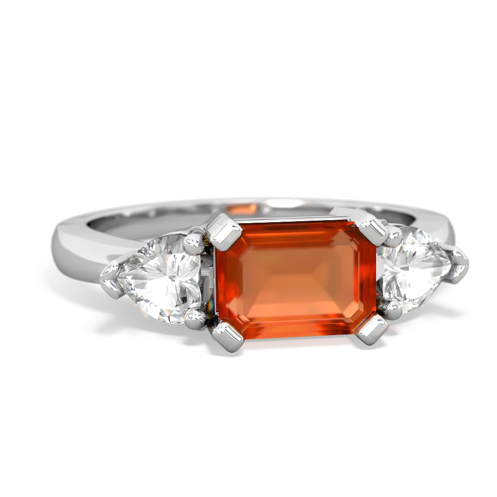 Fire Opal Three Stone 14K White Gold ring R5235