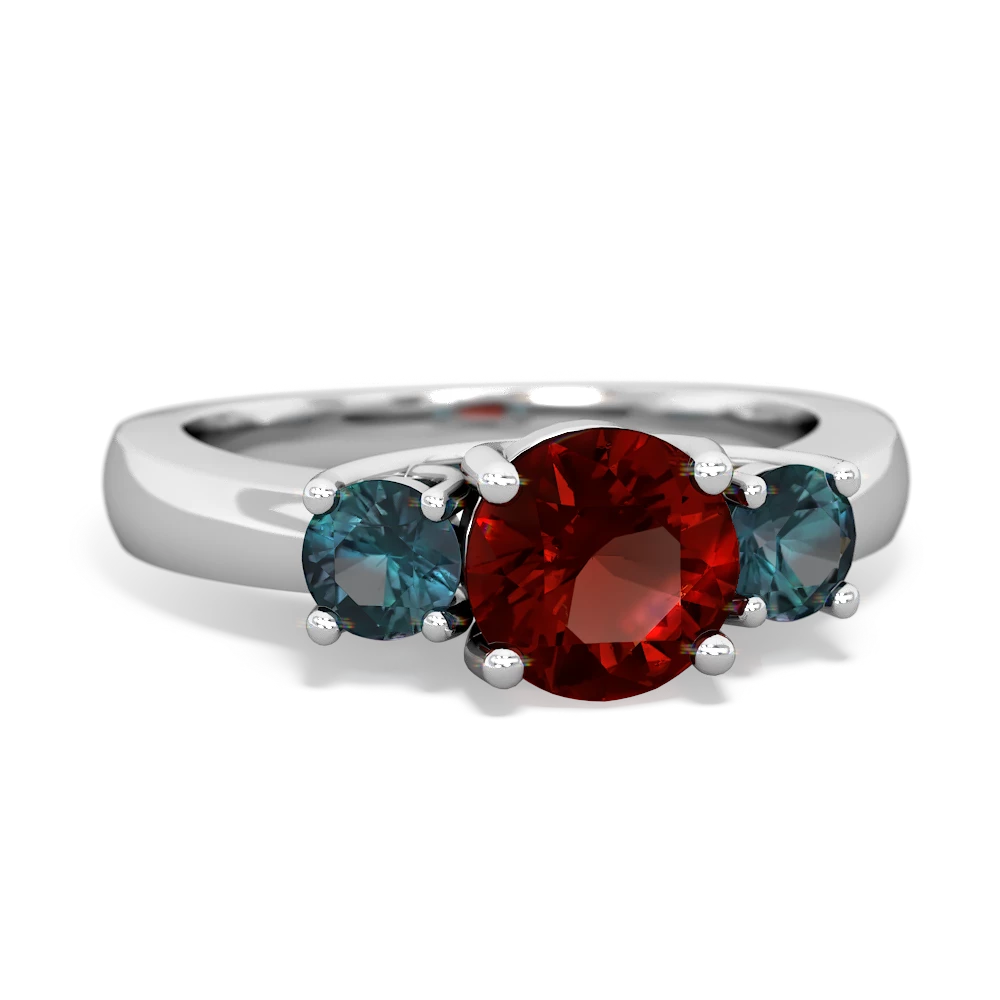 Garnet Three Stone Round Trellis 14K White Gold ring R4018