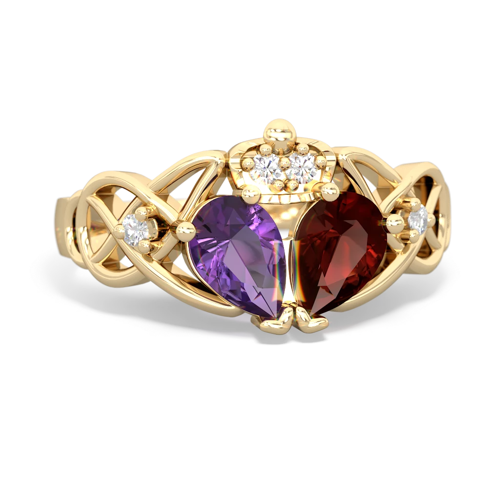 Garnet 'One Heart' Celtic Knot Claddagh 14K Yellow Gold ring R5322