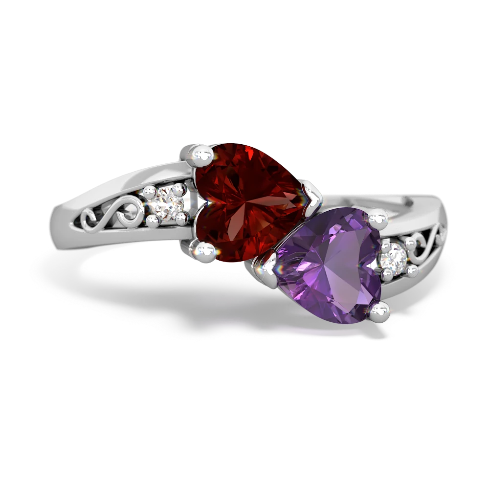 Garnet Snuggling Hearts 14K White Gold ring R2178