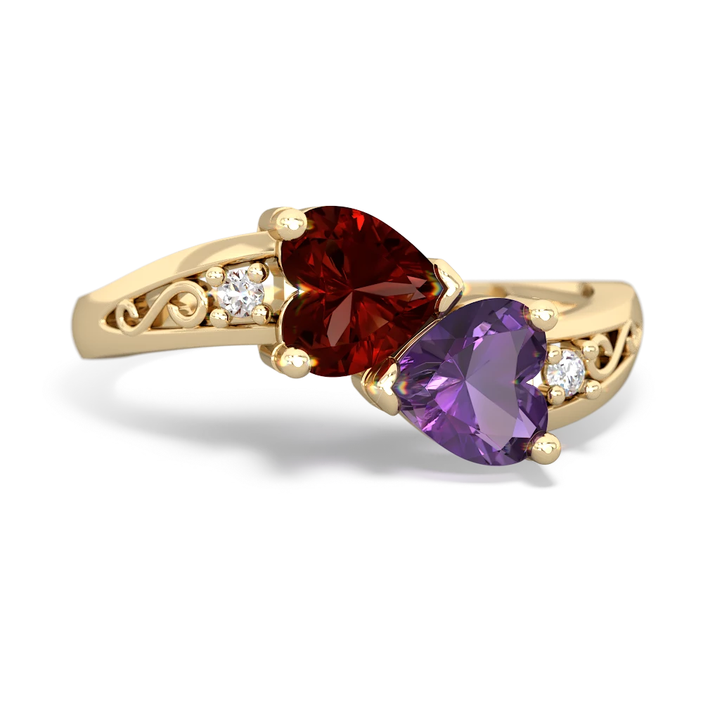 Garnet Snuggling Hearts 14K Yellow Gold ring R2178