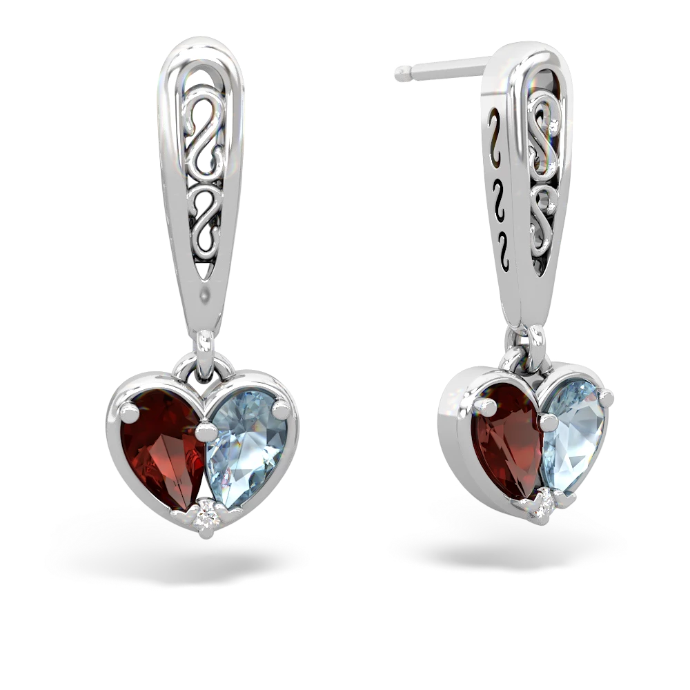 Garnet Filligree Heart 14K White Gold earrings E5070