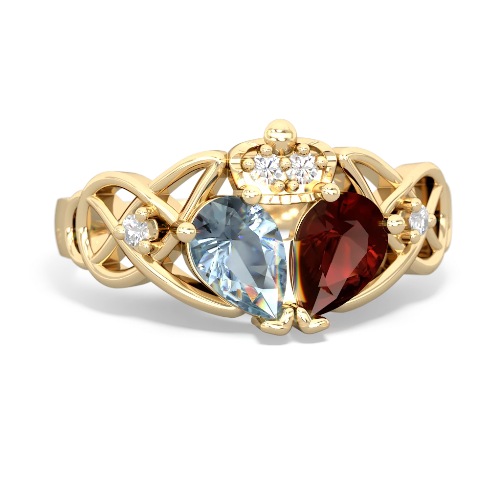 Garnet 'One Heart' Celtic Knot Claddagh 14K Yellow Gold ring R5322