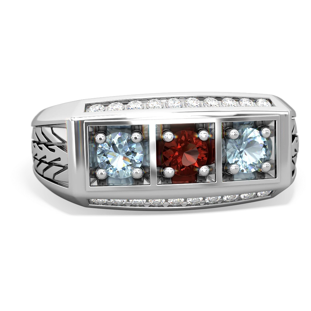 Garnet Three Stone Tire Tread Men's 14K White Gold ring R0520