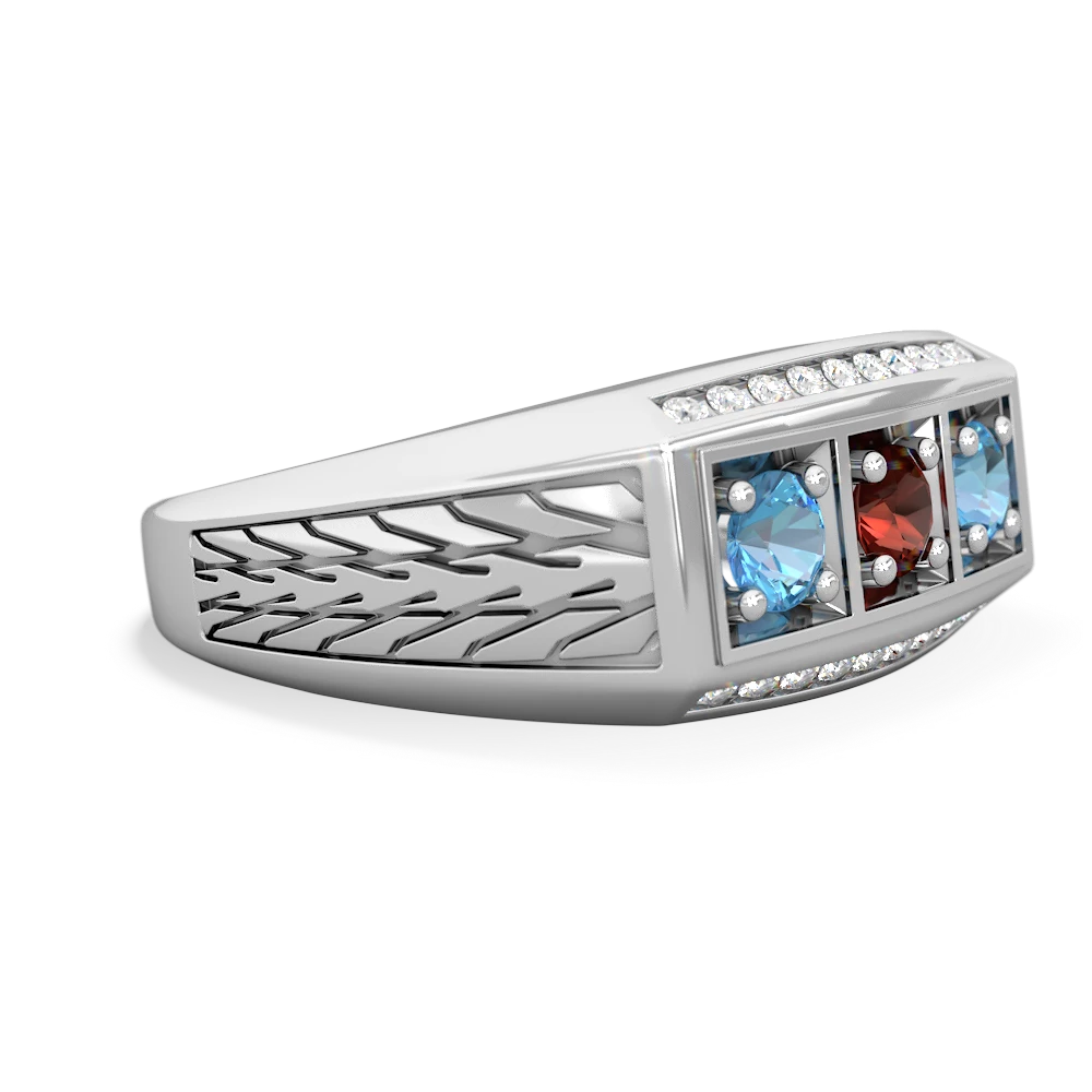 Garnet Three Stone Tire Tread Men's 14K White Gold ring R0520