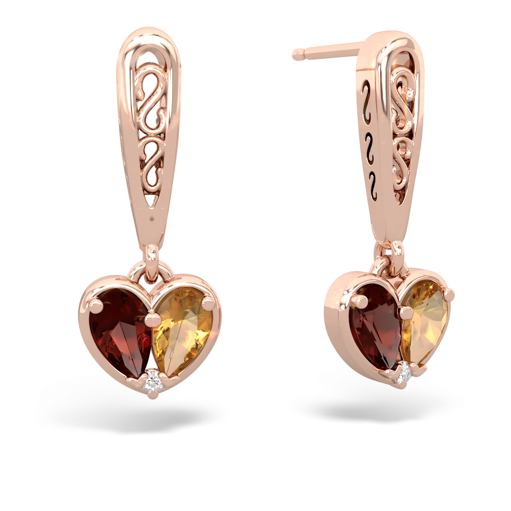 Garnet Filligree Heart 14K Rose Gold earrings E5070