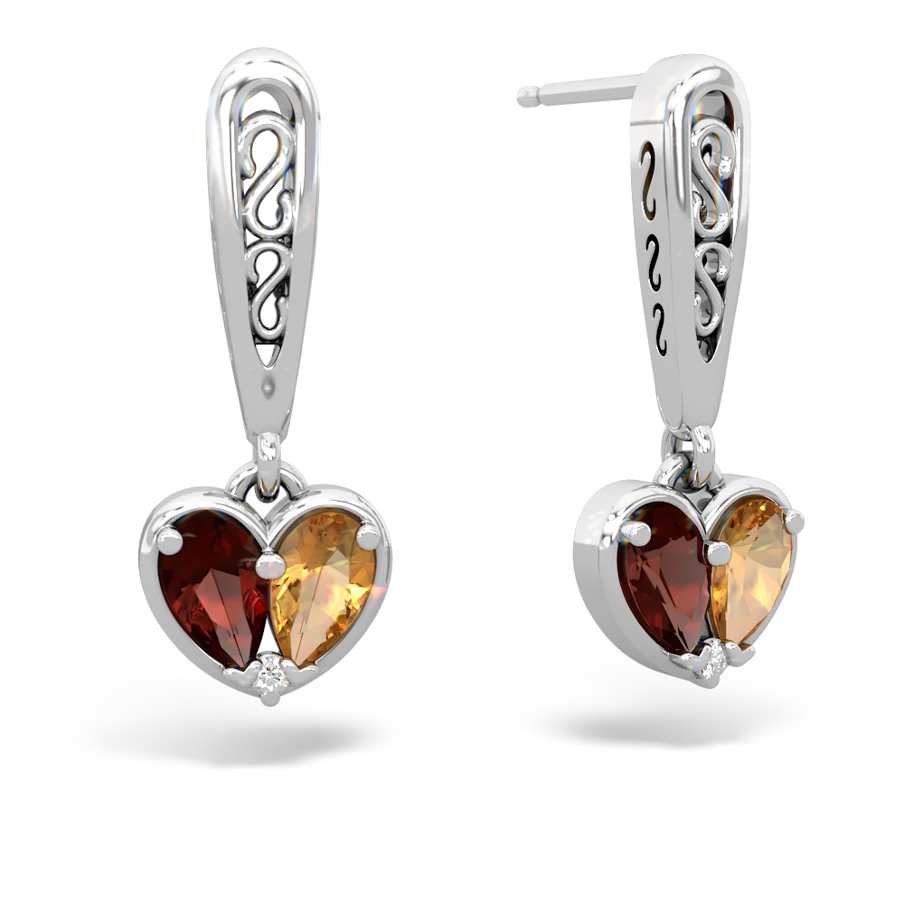 Garnet Filligree Heart 14K White Gold earrings E5070