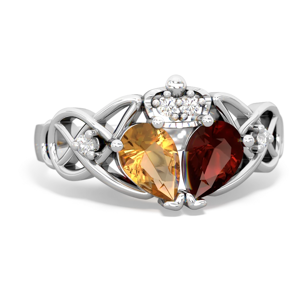 Garnet 'One Heart' Celtic Knot Claddagh 14K White Gold ring R5322