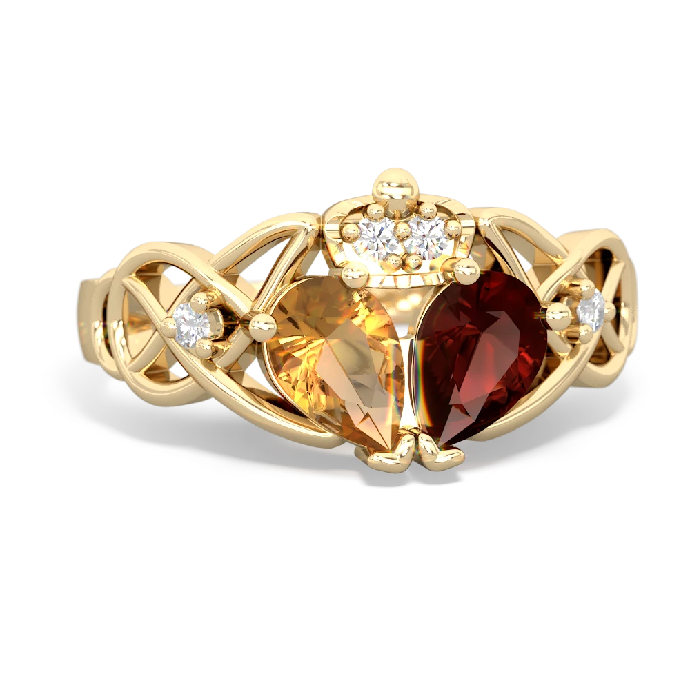 Garnet 'One Heart' Celtic Knot Claddagh 14K Yellow Gold ring R5322