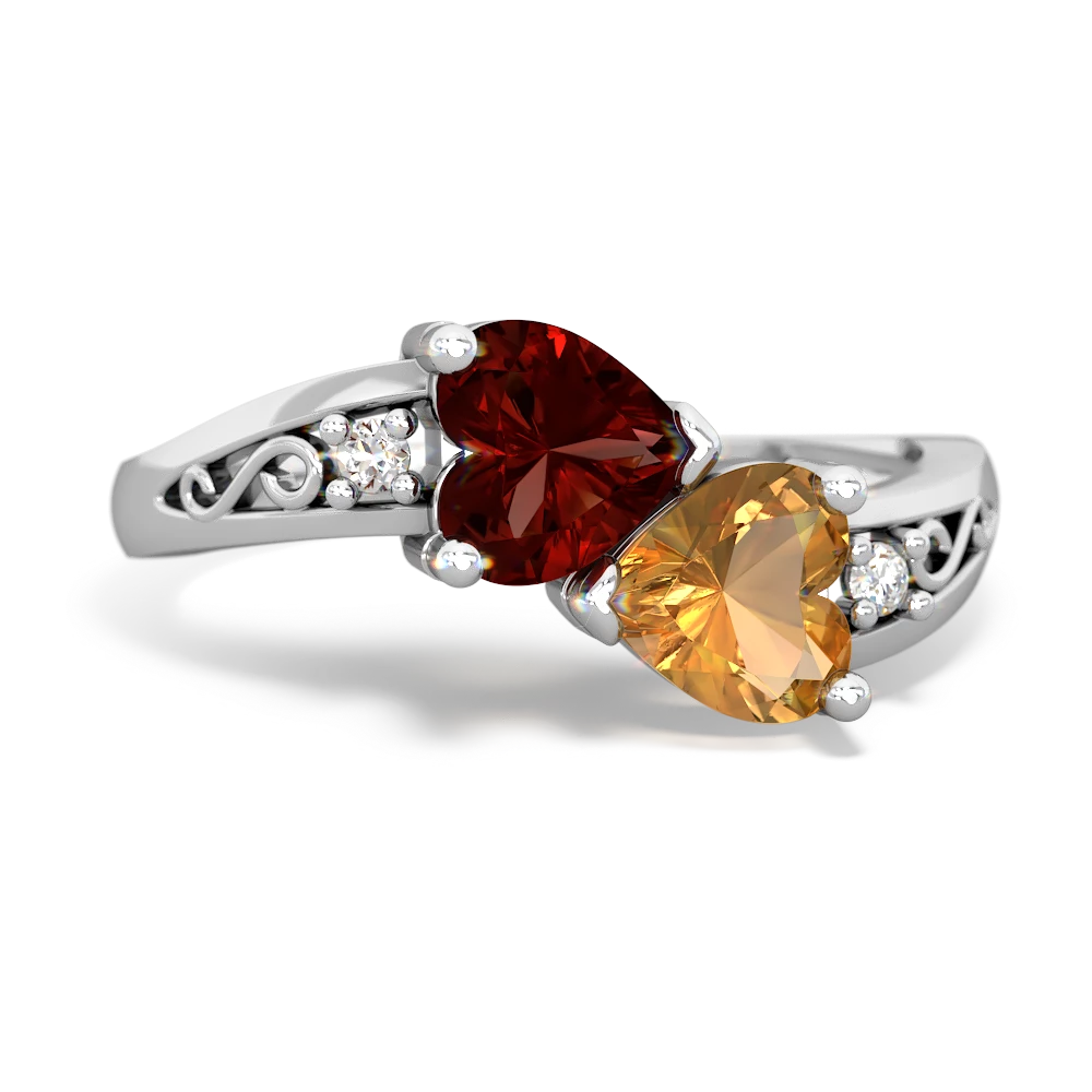 Garnet Snuggling Hearts 14K White Gold ring R2178