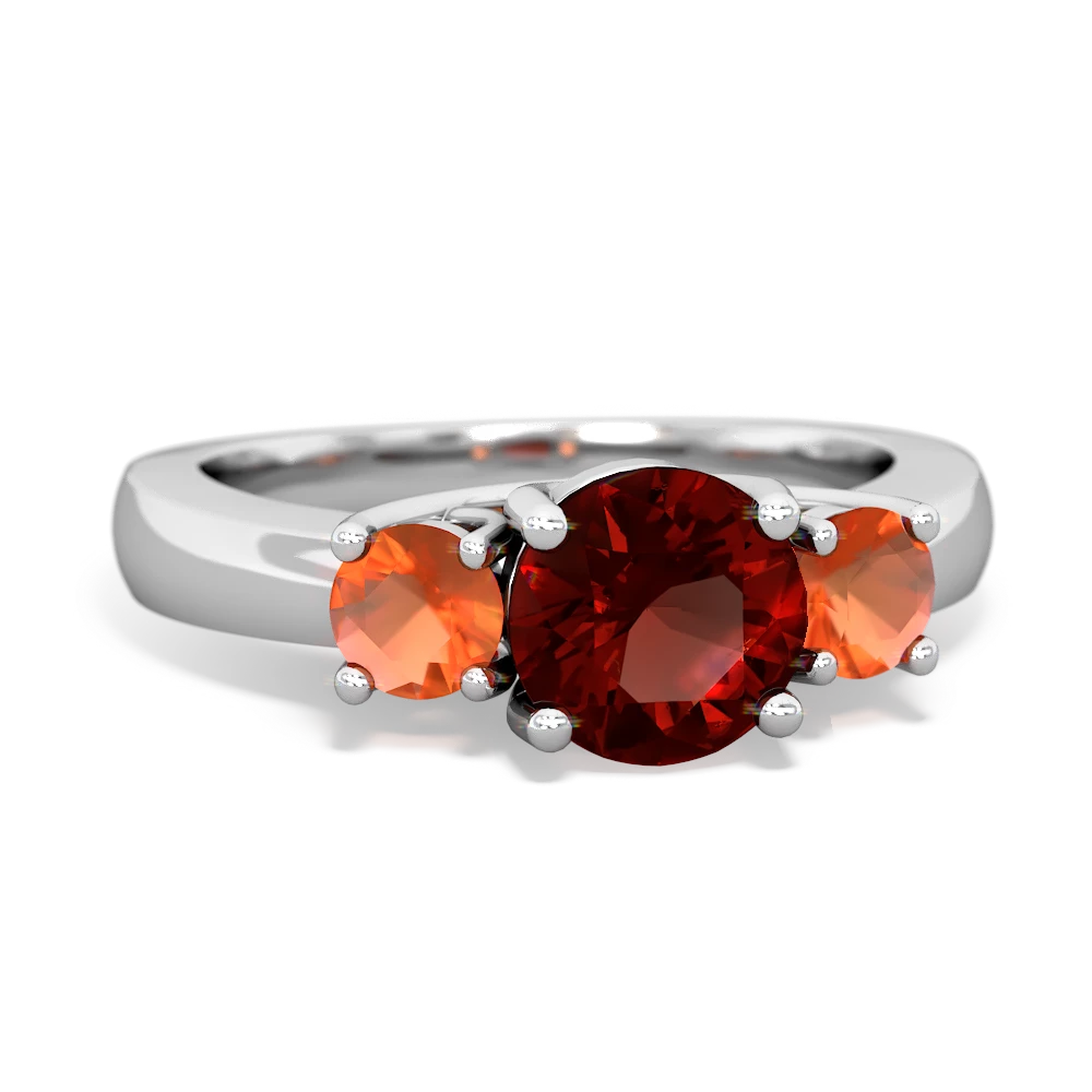 Garnet Three Stone Round Trellis 14K White Gold ring R4018