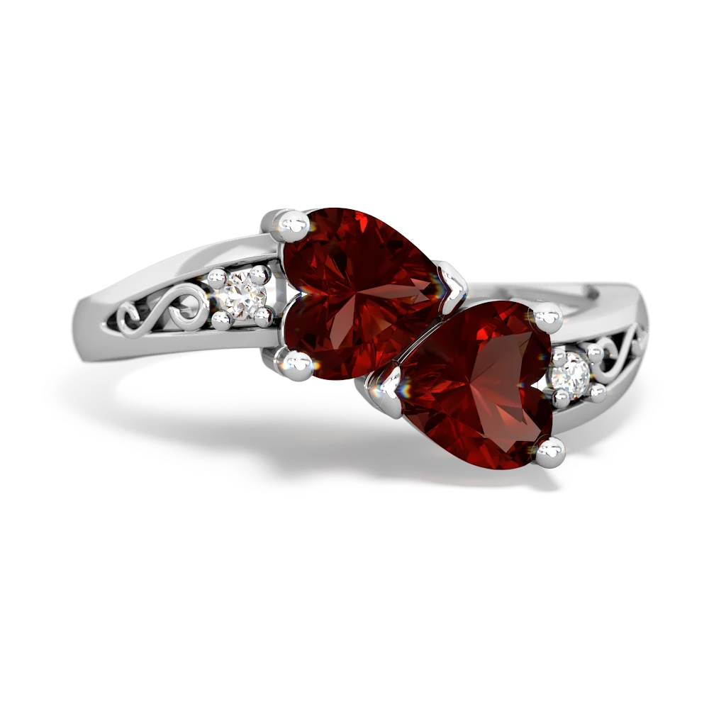 Garnet Snuggling Hearts 14K White Gold ring R2178