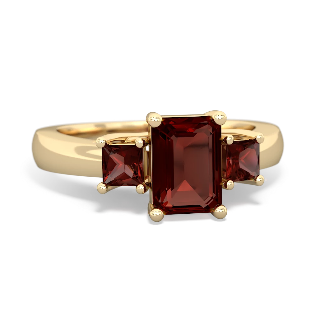 Lab Emerald Three Stone Emerald-Cut Trellis 14K Yellow Gold ring R4021