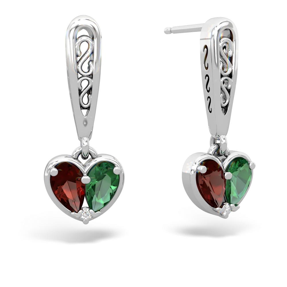 Garnet Filligree Heart 14K White Gold earrings E5070