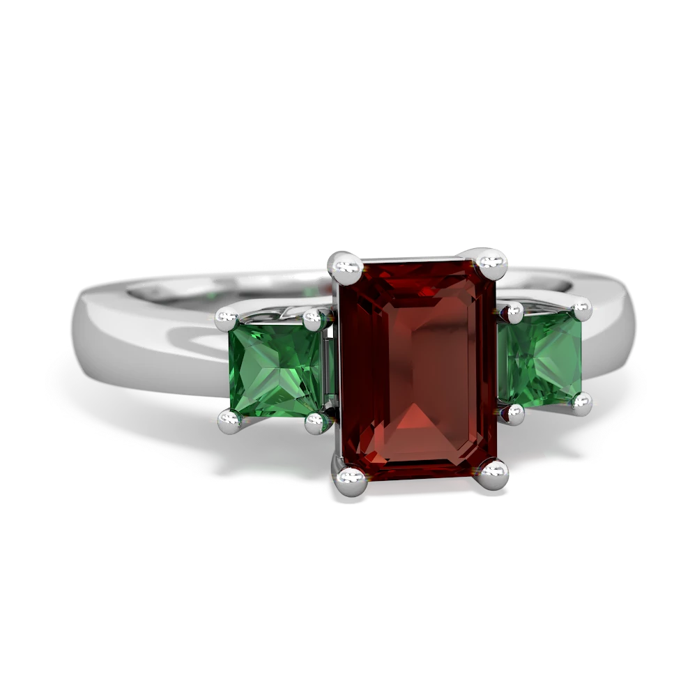 Garnet Three Stone Emerald-Cut Trellis 14K White Gold ring R4021