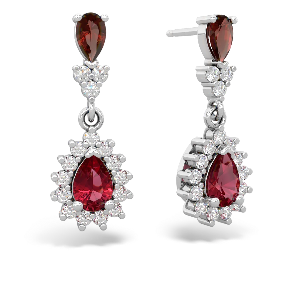 Garnet Halo Pear Dangle 14K White Gold earrings E1882