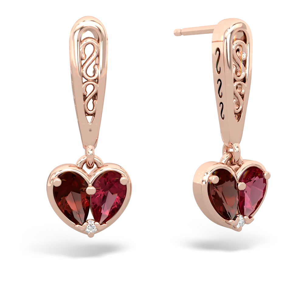 Garnet Filligree Heart 14K Rose Gold earrings E5070