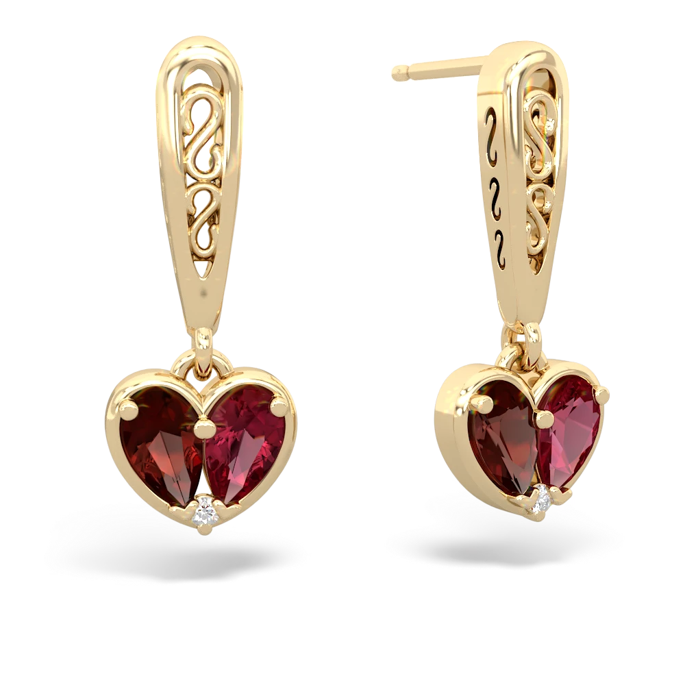 Garnet Filligree Heart 14K Yellow Gold earrings E5070