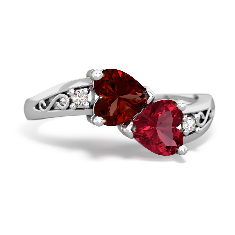 Garnet Snuggling Hearts 14K White Gold ring R2178