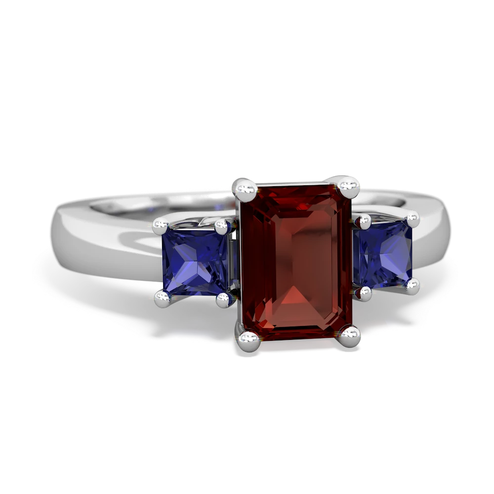 Garnet Three Stone Emerald-Cut Trellis 14K White Gold ring R4021