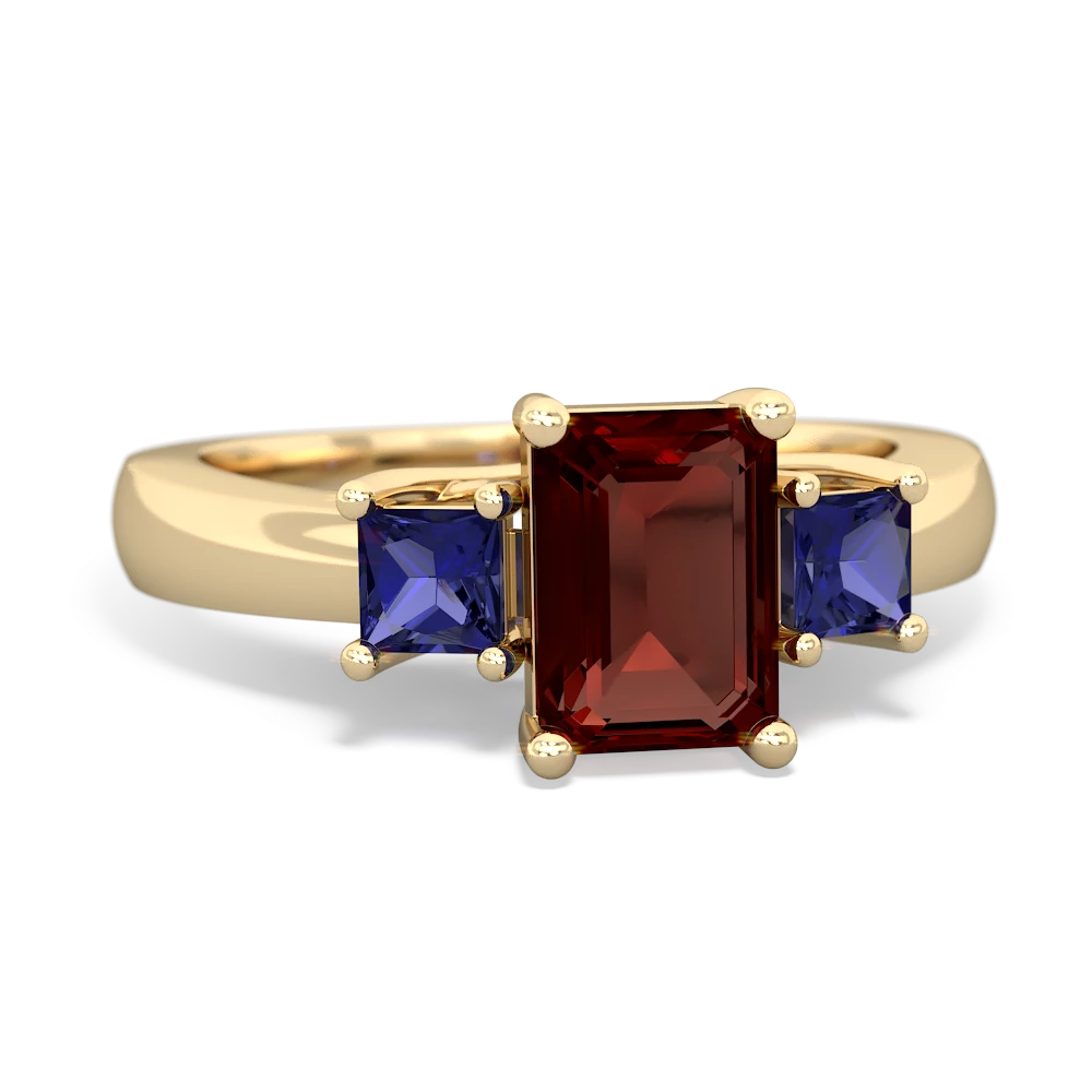 Garnet Three Stone Emerald-Cut Trellis 14K Yellow Gold ring R4021