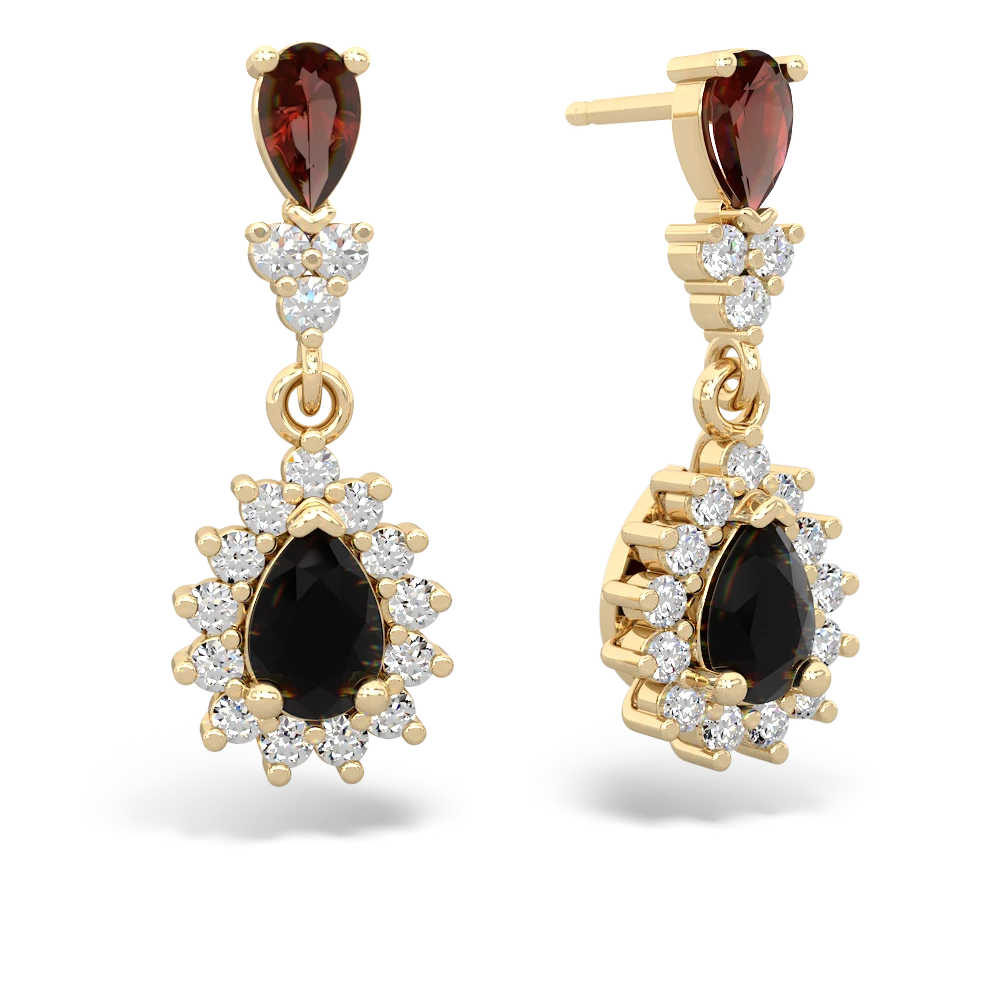 Garnet Halo Pear Dangle 14K Yellow Gold earrings E1882