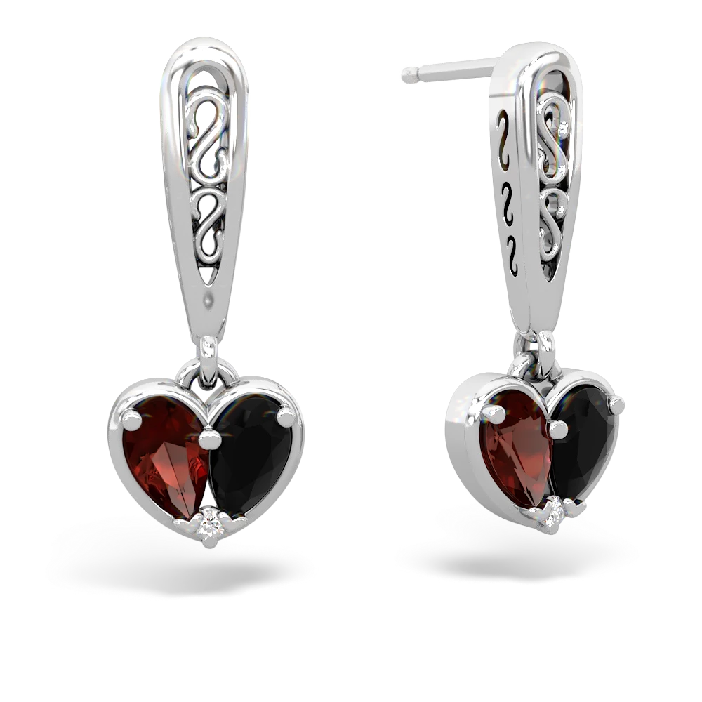 Garnet Filligree Heart 14K White Gold earrings E5070