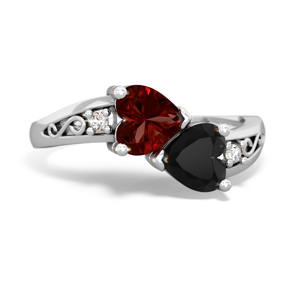 Garnet Snuggling Hearts 14K White Gold ring R2178