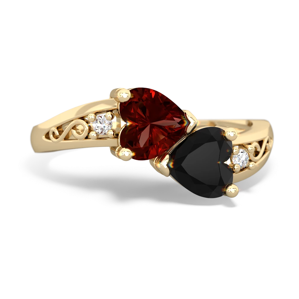 Garnet Snuggling Hearts 14K Yellow Gold ring R2178