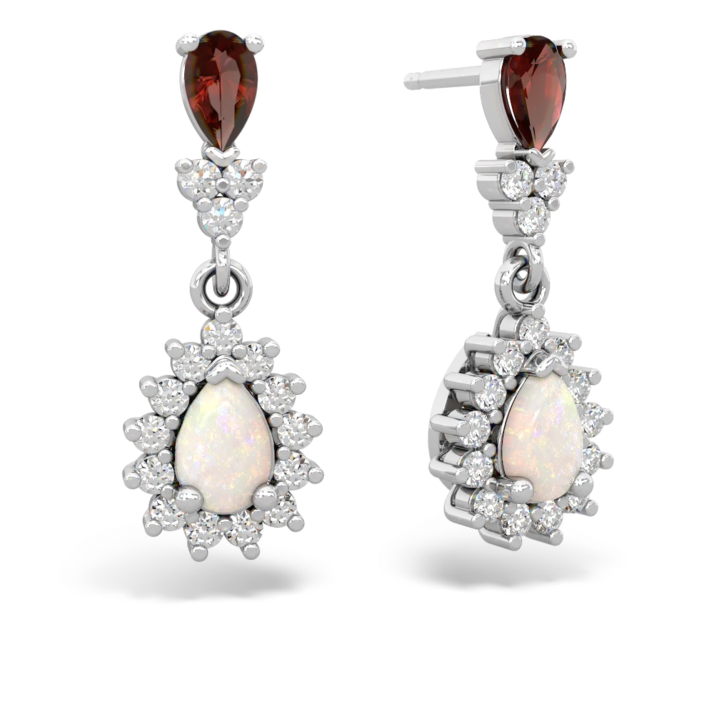 Garnet Halo Pear Dangle 14K White Gold earrings E1882