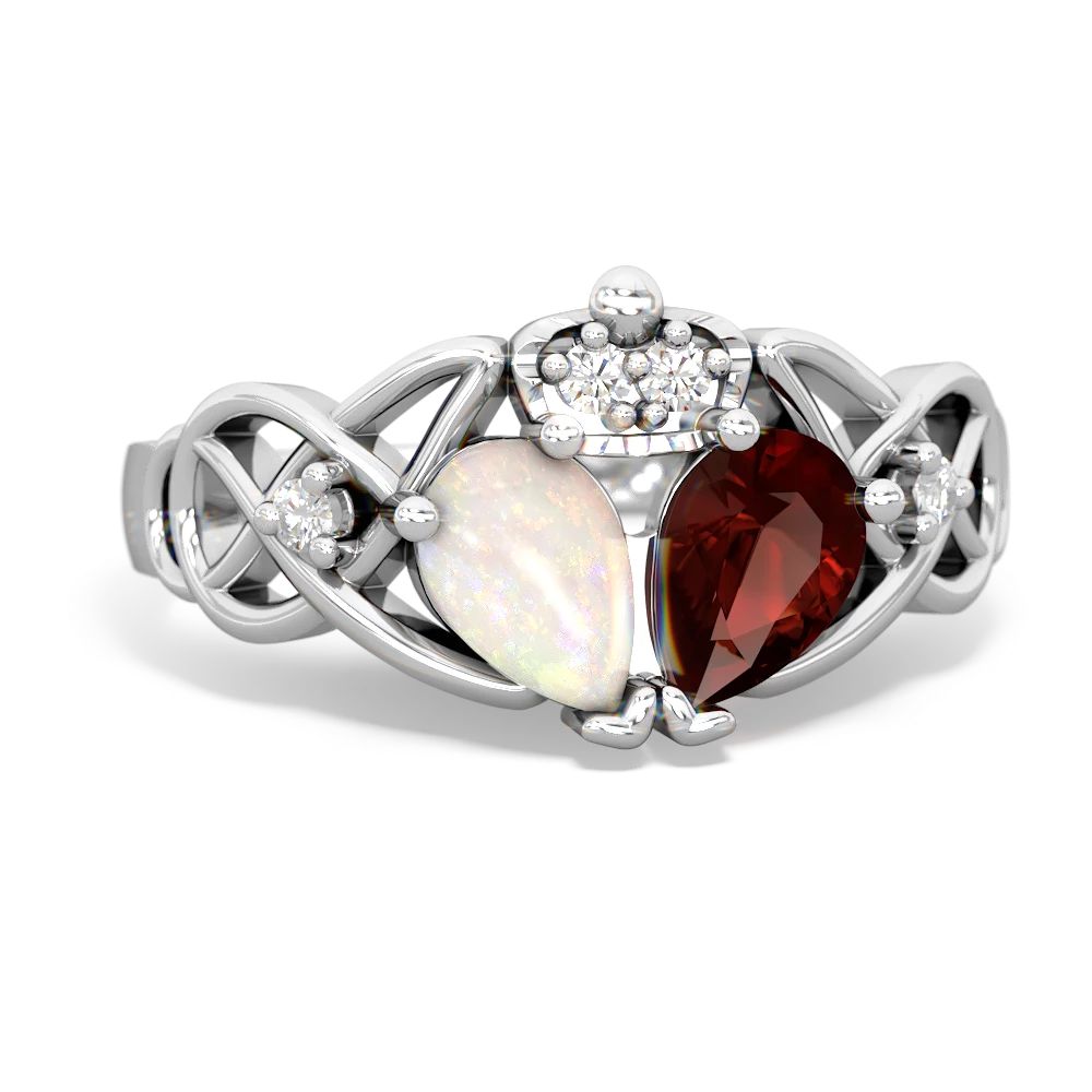 Garnet 'One Heart' Celtic Knot Claddagh 14K White Gold ring R5322