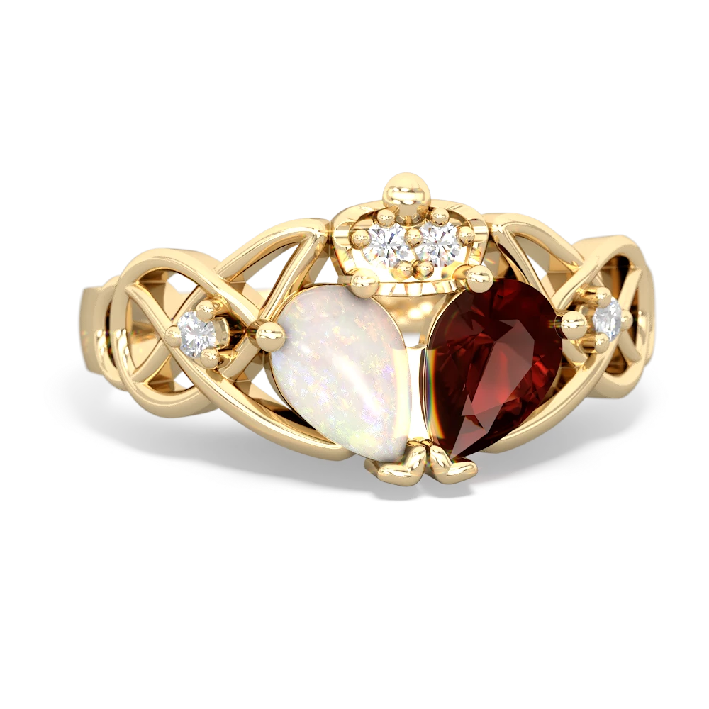 Garnet 'One Heart' Celtic Knot Claddagh 14K Yellow Gold ring R5322