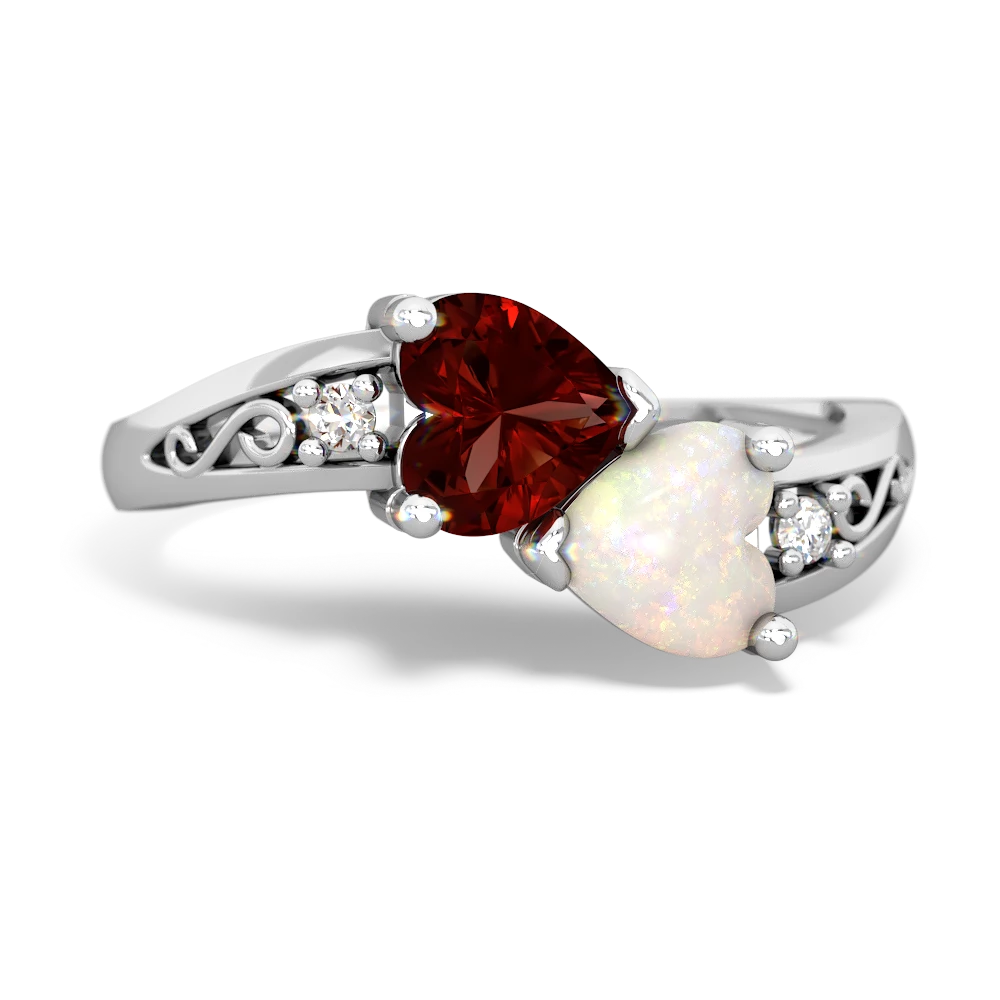 Garnet Snuggling Hearts 14K White Gold ring R2178