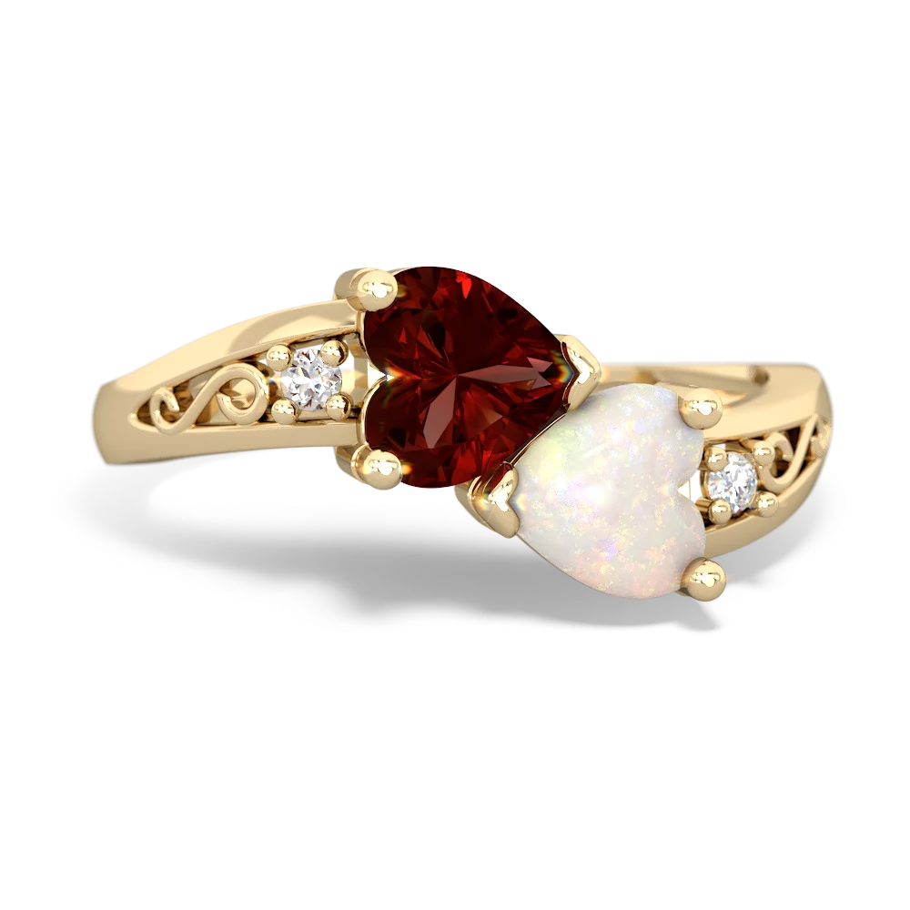 Garnet Snuggling Hearts 14K Yellow Gold ring R2178