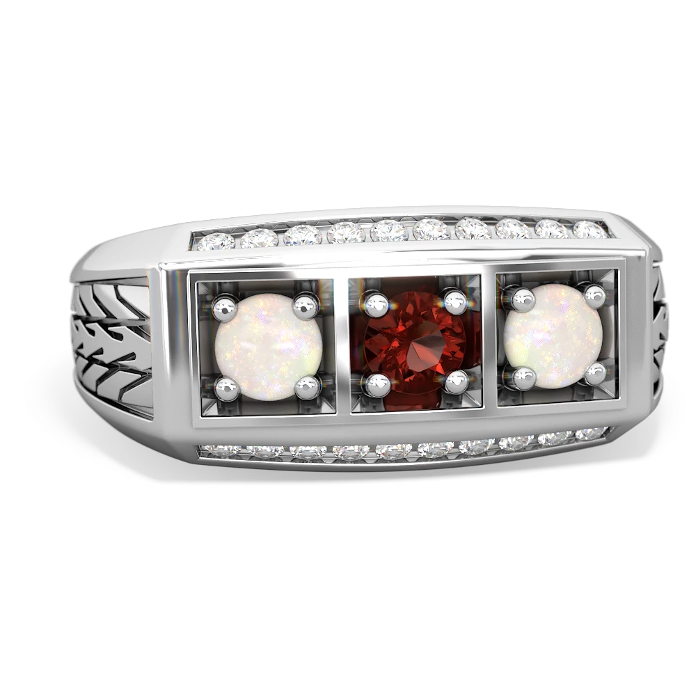 Garnet Three Stone Tire Tread Men's 14K White Gold ring R0520